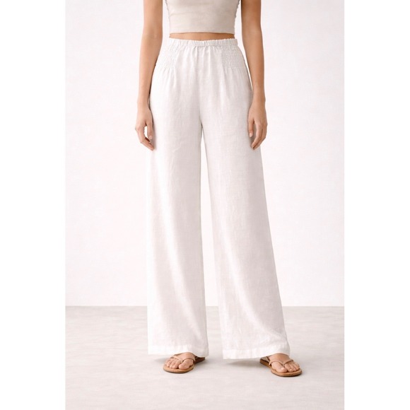 Sigrid Olsen Pants - Sigrid Olsen Minimalist 100% Linen White Smocked Wide Leg Pants Size Large Beach